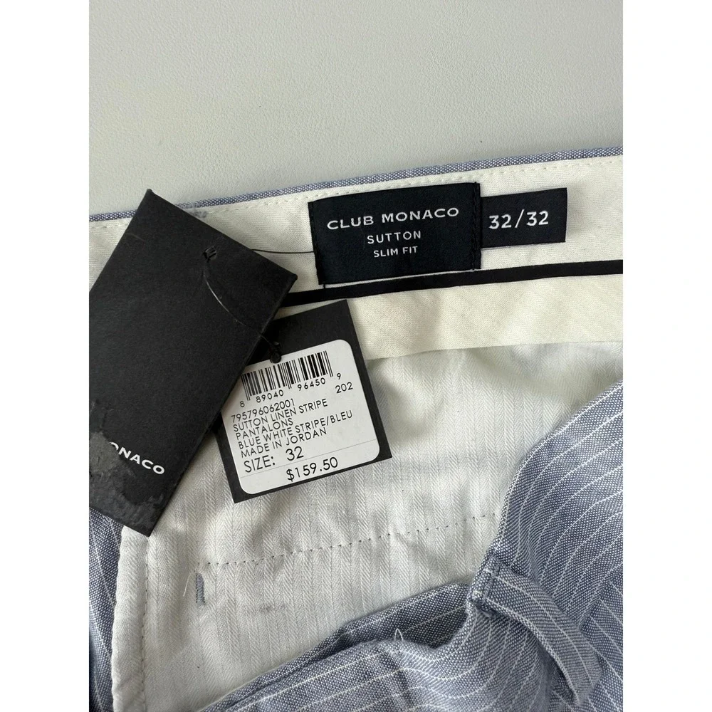 Club Monaco Sutton Slim Fit Linen Pin Striped Pants Blue Mens 32x32 MSRP 159NEW